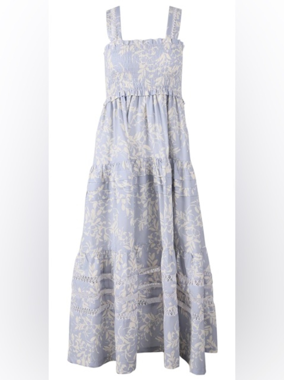 Mi Golondrina Women’s XS White Floral Smocked Midi Dress Tie Strap Tiered